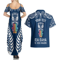 Personalised Kia Kaha Te Reo Maori Couples Matching Summer Maxi Dress and Hawaiian Shirt Hei Tiki Mix Koru - Navy Blue LT7 - Polynesian Pride