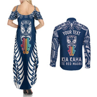 Personalised Kia Kaha Te Reo Maori Couples Matching Summer Maxi Dress and Long Sleeve Button Shirts Hei Tiki Mix Koru - Navy Blue LT7 - Polynesian Pride