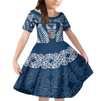 Personalised Kia Kaha Te Reo Maori Family Matching Mermaid Dress and Hawaiian Shirt Hei Tiki Mix Koru - Navy Blue LT7 Daughter's Dress Navy - Polynesian Pride