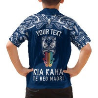 Personalised Kia Kaha Te Reo Maori Family Matching Off Shoulder Long Sleeve Dress and Hawaiian Shirt Hei Tiki Mix Koru - Navy Blue LT7 - Polynesian Pride
