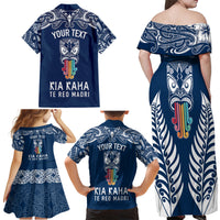 Personalised Kia Kaha Te Reo Maori Family Matching Off Shoulder Long Sleeve Dress and Hawaiian Shirt Hei Tiki Mix Koru - Navy Blue LT7 - Polynesian Pride