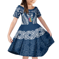 Personalised Kia Kaha Te Reo Maori Family Matching Off Shoulder Short Dress and Hawaiian Shirt Hei Tiki Mix Koru - Navy Blue LT7 Daughter's Dress Navy - Polynesian Pride