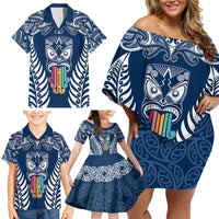 Personalised Kia Kaha Te Reo Maori Family Matching Off Shoulder Short Dress and Hawaiian Shirt Hei Tiki Mix Koru - Navy Blue LT7 - Polynesian Pride