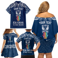 Personalised Kia Kaha Te Reo Maori Family Matching Off Shoulder Short Dress and Hawaiian Shirt Hei Tiki Mix Koru - Navy Blue LT7 - Polynesian Pride