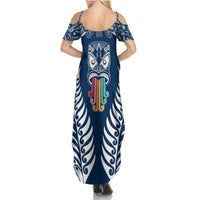 Personalised Kia Kaha Te Reo Maori Summer Maxi Dress Hei Tiki Mix Koru - Navy Blue LT7 - Polynesian Pride