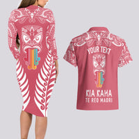 Personalised Kia Kaha Te Reo Maori Couples Matching Long Sleeve Bodycon Dress and Hawaiian Shirt Hei Tiki Mix Koru - Pink LT7 - Polynesian Pride