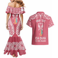 Personalised Kia Kaha Te Reo Maori Couples Matching Mermaid Dress and Hawaiian Shirt Hei Tiki Mix Koru - Pink LT7 - Polynesian Pride