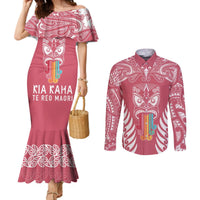 Personalised Kia Kaha Te Reo Maori Couples Matching Mermaid Dress and Long Sleeve Button Shirts Hei Tiki Mix Koru - Pink LT7 Pink - Polynesian Pride
