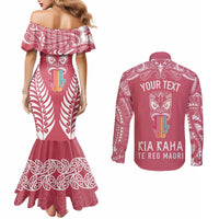 Personalised Kia Kaha Te Reo Maori Couples Matching Mermaid Dress and Long Sleeve Button Shirts Hei Tiki Mix Koru - Pink LT7 - Polynesian Pride