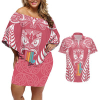 Personalised Kia Kaha Te Reo Maori Couples Matching Off Shoulder Short Dress and Hawaiian Shirt Hei Tiki Mix Koru - Pink LT7 Pink - Polynesian Pride