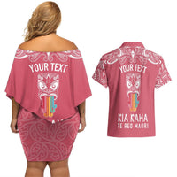 Personalised Kia Kaha Te Reo Maori Couples Matching Off Shoulder Short Dress and Hawaiian Shirt Hei Tiki Mix Koru - Pink LT7 - Polynesian Pride