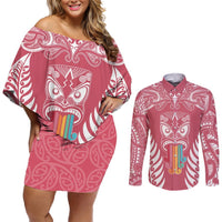 Personalised Kia Kaha Te Reo Maori Couples Matching Off Shoulder Short Dress and Long Sleeve Button Shirts Hei Tiki Mix Koru - Pink LT7 Pink - Polynesian Pride