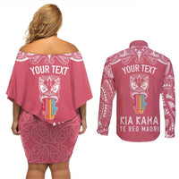 Personalised Kia Kaha Te Reo Maori Couples Matching Off Shoulder Short Dress and Long Sleeve Button Shirts Hei Tiki Mix Koru - Pink LT7 - Polynesian Pride