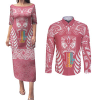 Personalised Kia Kaha Te Reo Maori Couples Matching Puletasi Dress and Long Sleeve Button Shirts Hei Tiki Mix Koru - Pink LT7 Pink - Polynesian Pride