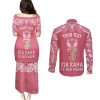 Personalised Kia Kaha Te Reo Maori Couples Matching Puletasi Dress and Long Sleeve Button Shirts Hei Tiki Mix Koru - Pink LT7 - Polynesian Pride