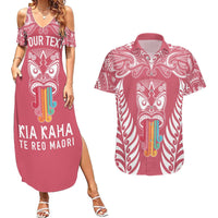 Personalised Kia Kaha Te Reo Maori Couples Matching Summer Maxi Dress and Hawaiian Shirt Hei Tiki Mix Koru - Pink LT7 Pink - Polynesian Pride