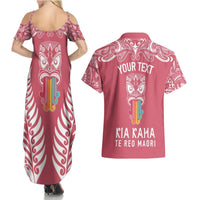 Personalised Kia Kaha Te Reo Maori Couples Matching Summer Maxi Dress and Hawaiian Shirt Hei Tiki Mix Koru - Pink LT7 - Polynesian Pride