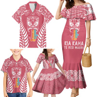 Personalised Kia Kaha Te Reo Maori Family Matching Mermaid Dress and Hawaiian Shirt Hei Tiki Mix Koru - Pink LT7 - Polynesian Pride