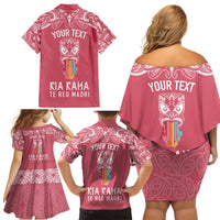 Personalised Kia Kaha Te Reo Maori Family Matching Off Shoulder Short Dress and Hawaiian Shirt Hei Tiki Mix Koru - Pink LT7 - Polynesian Pride