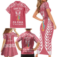 Personalised Kia Kaha Te Reo Maori Family Matching Short Sleeve Bodycon Dress and Hawaiian Shirt Hei Tiki Mix Koru - Pink LT7 - Polynesian Pride