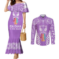 Personalised Kia Kaha Te Reo Maori Couples Matching Mermaid Dress and Long Sleeve Button Shirts Hei Tiki Mix Koru - Purple LT7 Purple - Polynesian Pride