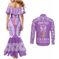 Personalised Kia Kaha Te Reo Maori Couples Matching Mermaid Dress and Long Sleeve Button Shirts Hei Tiki Mix Koru - Purple LT7 - Polynesian Pride
