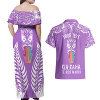 Personalised Kia Kaha Te Reo Maori Couples Matching Off Shoulder Maxi Dress and Hawaiian Shirt Hei Tiki Mix Koru - Purple LT7 - Polynesian Pride