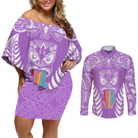 Personalised Kia Kaha Te Reo Maori Couples Matching Off Shoulder Short Dress and Long Sleeve Button Shirts Hei Tiki Mix Koru - Purple LT7 Purple - Polynesian Pride