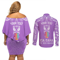 Personalised Kia Kaha Te Reo Maori Couples Matching Off Shoulder Short Dress and Long Sleeve Button Shirts Hei Tiki Mix Koru - Purple LT7 - Polynesian Pride