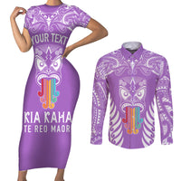 Personalised Kia Kaha Te Reo Maori Couples Matching Short Sleeve Bodycon Dress and Long Sleeve Button Shirts Hei Tiki Mix Koru - Purple LT7 Purple - Polynesian Pride