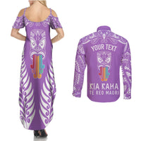 Personalised Kia Kaha Te Reo Maori Couples Matching Summer Maxi Dress and Long Sleeve Button Shirts Hei Tiki Mix Koru - Purple LT7 - Polynesian Pride