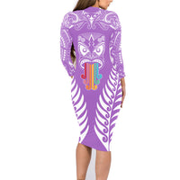 Personalised Kia Kaha Te Reo Maori Family Matching Long Sleeve Bodycon Dress and Hawaiian Shirt Hei Tiki Mix Koru - Purple LT7 - Polynesian Pride