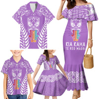 Personalised Kia Kaha Te Reo Maori Family Matching Mermaid Dress and Hawaiian Shirt Hei Tiki Mix Koru - Purple LT7 - Polynesian Pride