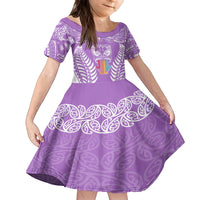 Personalised Kia Kaha Te Reo Maori Family Matching Off Shoulder Long Sleeve Dress and Hawaiian Shirt Hei Tiki Mix Koru - Purple LT7 Daughter's Dress Purple - Polynesian Pride