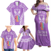 Personalised Kia Kaha Te Reo Maori Family Matching Off Shoulder Maxi Dress and Hawaiian Shirt Hei Tiki Mix Koru - Purple LT7 - Polynesian Pride