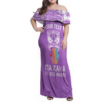 Personalised Kia Kaha Te Reo Maori Family Matching Off Shoulder Maxi Dress and Hawaiian Shirt Hei Tiki Mix Koru - Purple LT7 Dad's Shirt - Long Sleeve Purple - Polynesian Pride