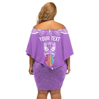Personalised Kia Kaha Te Reo Maori Family Matching Off Shoulder Short Dress and Hawaiian Shirt Hei Tiki Mix Koru - Purple LT7 - Polynesian Pride