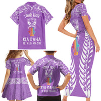 Personalised Kia Kaha Te Reo Maori Family Matching Short Sleeve Bodycon Dress and Hawaiian Shirt Hei Tiki Mix Koru - Purple LT7 - Polynesian Pride