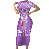 Personalised Kia Kaha Te Reo Maori Family Matching Short Sleeve Bodycon Dress and Hawaiian Shirt Hei Tiki Mix Koru - Purple LT7 Mom's Dress Purple - Polynesian Pride