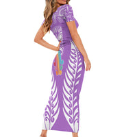 Personalised Kia Kaha Te Reo Maori Family Matching Short Sleeve Bodycon Dress and Hawaiian Shirt Hei Tiki Mix Koru - Purple LT7 - Polynesian Pride