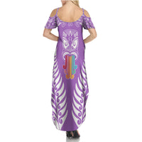 Personalised Kia Kaha Te Reo Maori Family Matching Summer Maxi Dress and Hawaiian Shirt Hei Tiki Mix Koru - Purple LT7 - Polynesian Pride