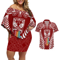 Personalised Kia Kaha Te Reo Maori Couples Matching Off Shoulder Short Dress and Hawaiian Shirt Hei Tiki Mix Koru - Red LT7 Red - Polynesian Pride
