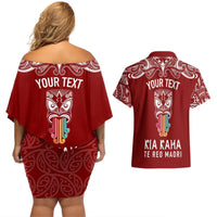 Personalised Kia Kaha Te Reo Maori Couples Matching Off Shoulder Short Dress and Hawaiian Shirt Hei Tiki Mix Koru - Red LT7 - Polynesian Pride