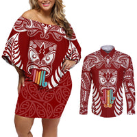 personalised-kia-kaha-te-reo-maori-couples-matching-off-shoulder-short-dress-and-long-sleeve-button-shirts-hei-tiki-mix-koru-red
