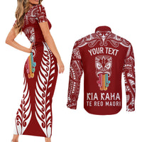 personalised-kia-kaha-te-reo-maori-couples-matching-short-sleeve-bodycon-dress-and-long-sleeve-button-shirts-hei-tiki-mix-koru-red