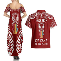Personalised Kia Kaha Te Reo Maori Couples Matching Summer Maxi Dress and Hawaiian Shirt Hei Tiki Mix Koru - Red LT7 - Polynesian Pride