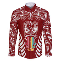 Personalised Kia Kaha Te Reo Maori Family Matching Mermaid Dress and Hawaiian Shirt Hei Tiki Mix Koru - Red LT7 Dad's Shirt - Long Sleeve Red - Polynesian Pride