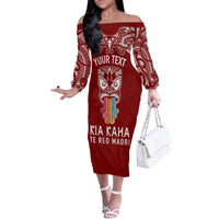 Personalised Kia Kaha Te Reo Maori Family Matching Off Shoulder Long Sleeve Dress and Hawaiian Shirt Hei Tiki Mix Koru - Red LT7 Mom's Dress Red - Polynesian Pride