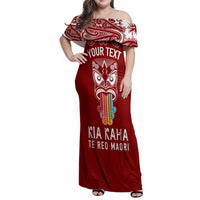 Personalised Kia Kaha Te Reo Maori Family Matching Off Shoulder Maxi Dress and Hawaiian Shirt Hei Tiki Mix Koru - Red LT7 Dad's Shirt - Long Sleeve Red - Polynesian Pride