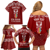 Personalised Kia Kaha Te Reo Maori Family Matching Off Shoulder Short Dress and Hawaiian Shirt Hei Tiki Mix Koru - Red LT7 - Polynesian Pride